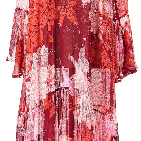 🦚 Free People Moroccan Ruffle Maxi Dress Peacock Roses Print Sheer Boho Tiered - Picture 8 of 12